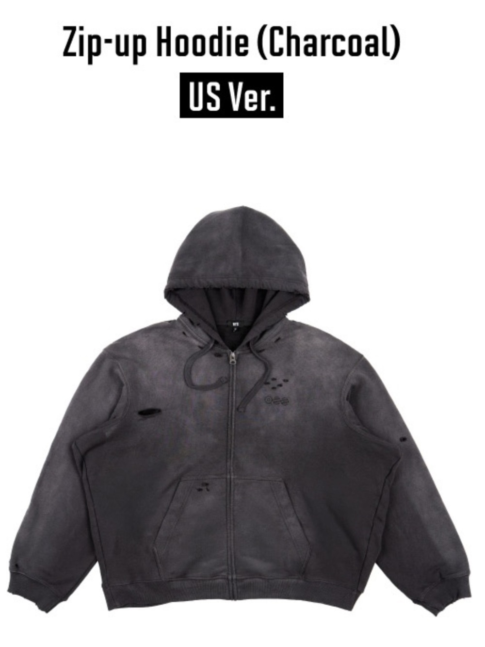 Charcoal Zip-Up Hoodie with Distressed Details